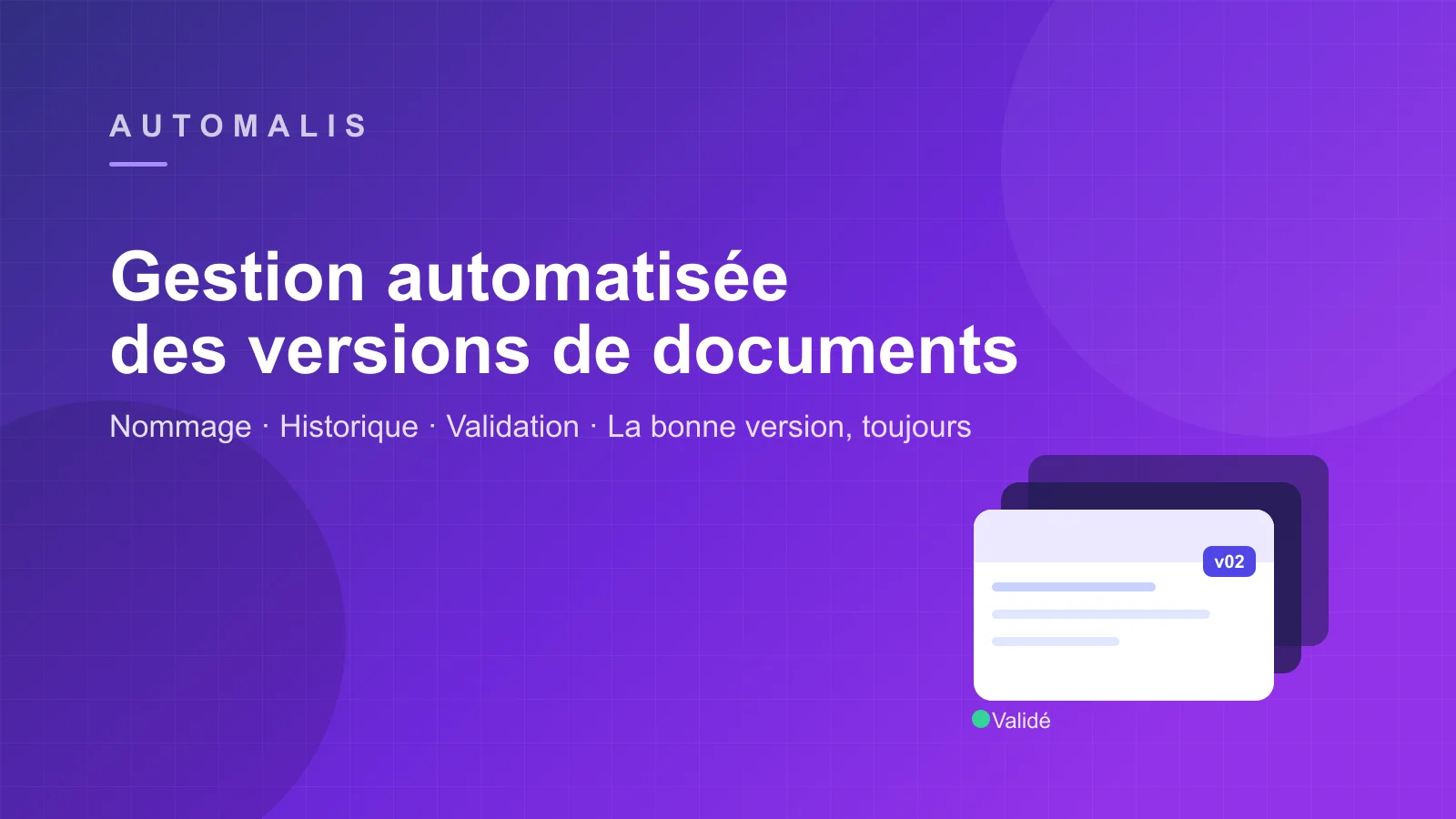 Gestion automatisée des versions de documents : pile de fichiers avec badge de version validée, marque Automalis.