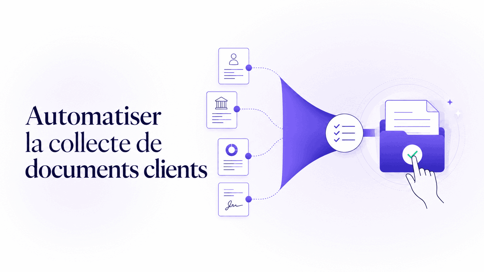 Illustration éditoriale d'une collecte automatisée qui transforme des demandes de pièces en dossier client complet.