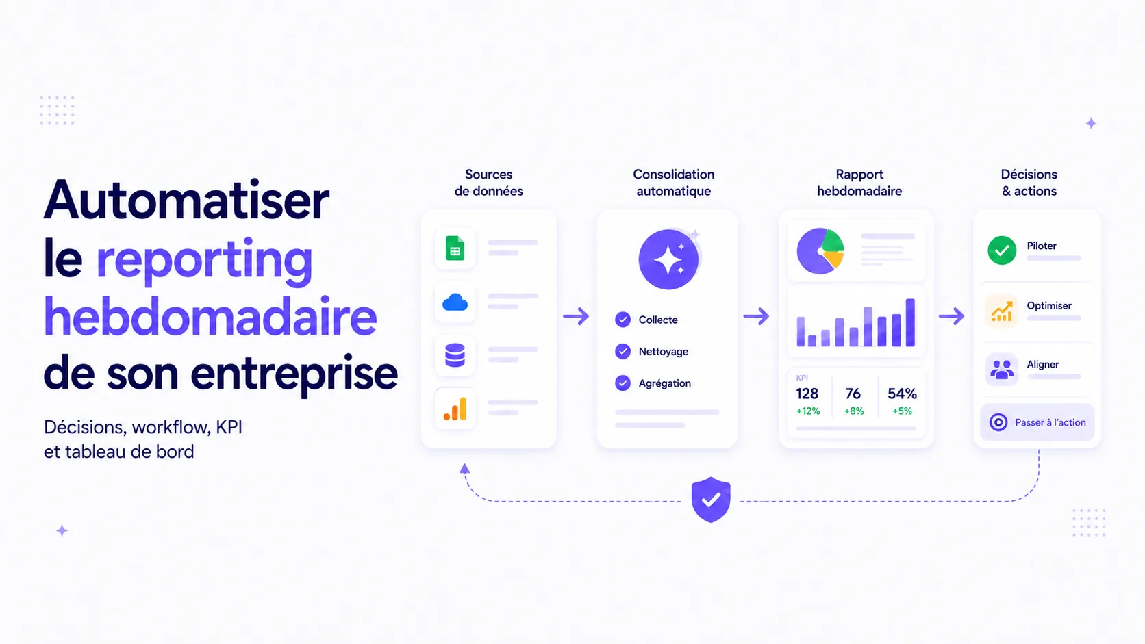 Illustration d'un reporting hebdomadaire automatisé avec indicateurs clés, collecte de données, validation humaine et synthèse envoyée à l'équipe.