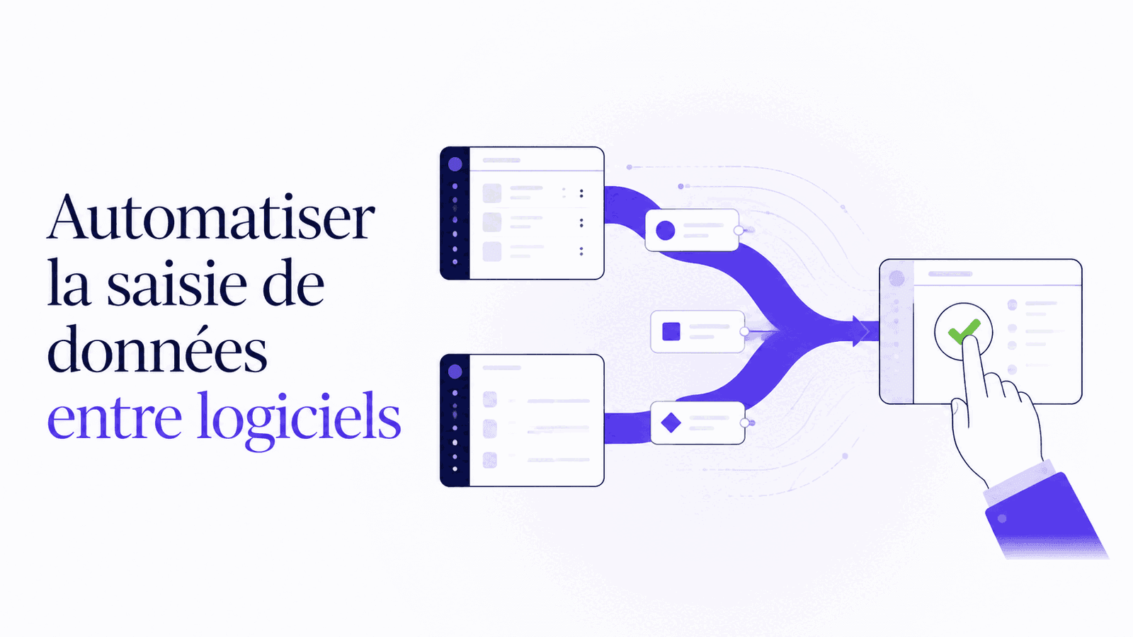 Illustration éditoriale d'un flux fiable qui automatise la saisie de données entre plusieurs logiciels.