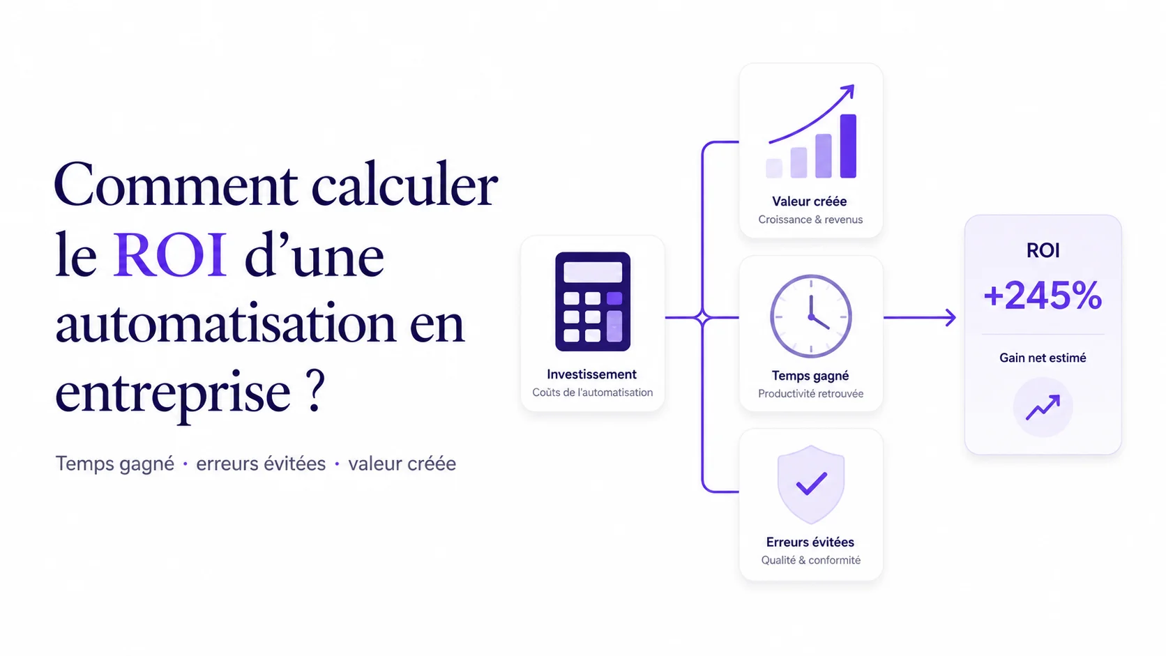 Illustration du calcul du ROI d’une automatisation en entreprise avec temps gagné, coûts évités et valeur créée.