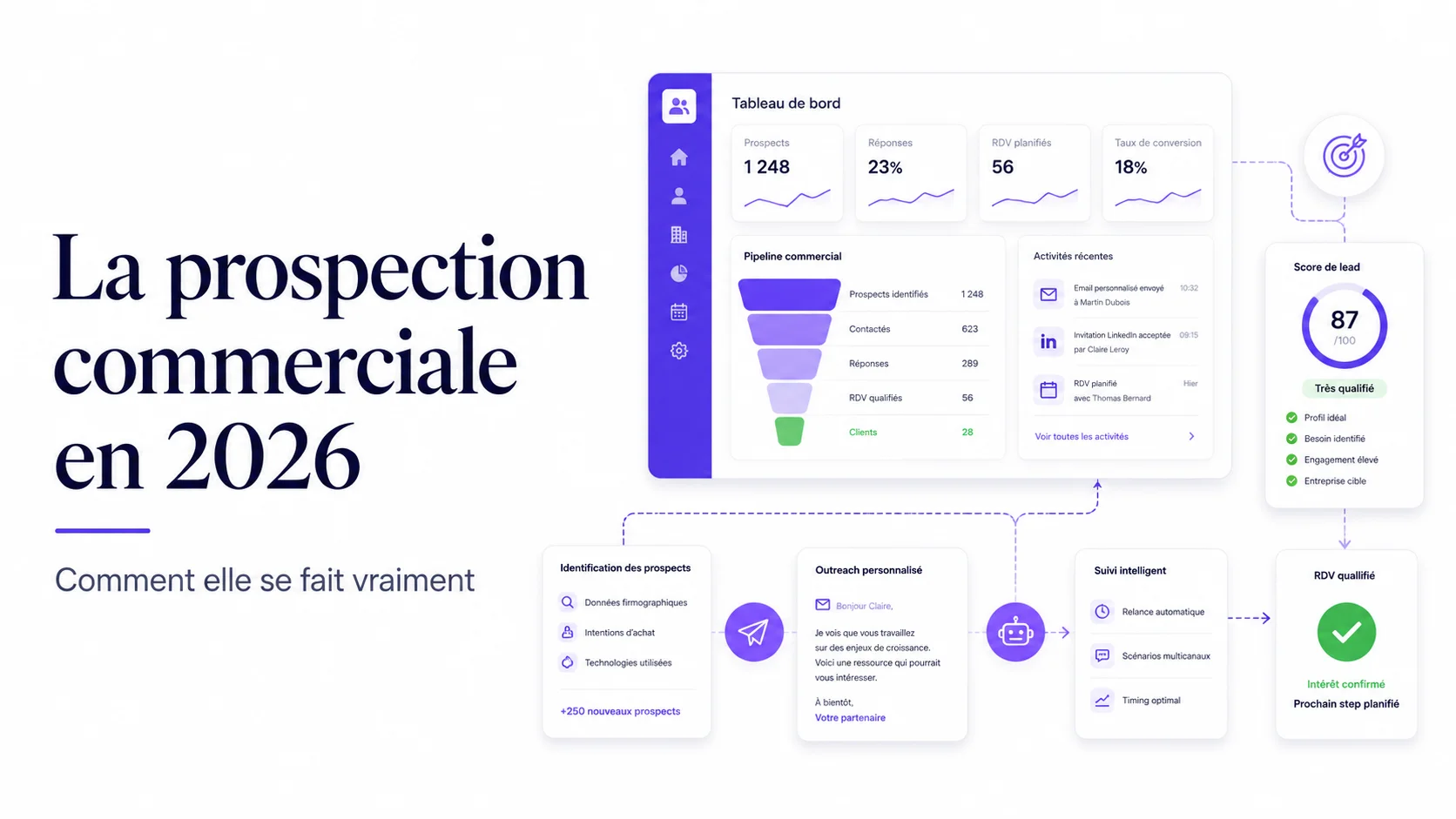 Illustration d’un tableau de bord de prospection commerciale en 2026 avec pipeline, score de lead, outreach personnalisé et suivi automatisé.