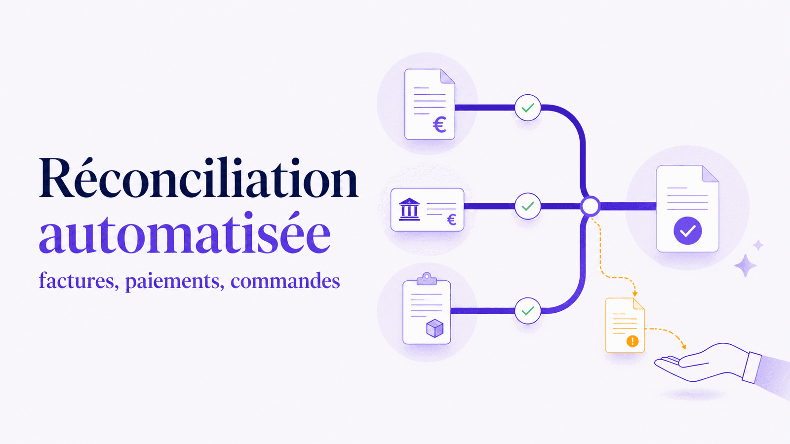 Illustration d'une réconciliation automatisée reliant facture, paiement et commande, avec traitement humain d'un écart.