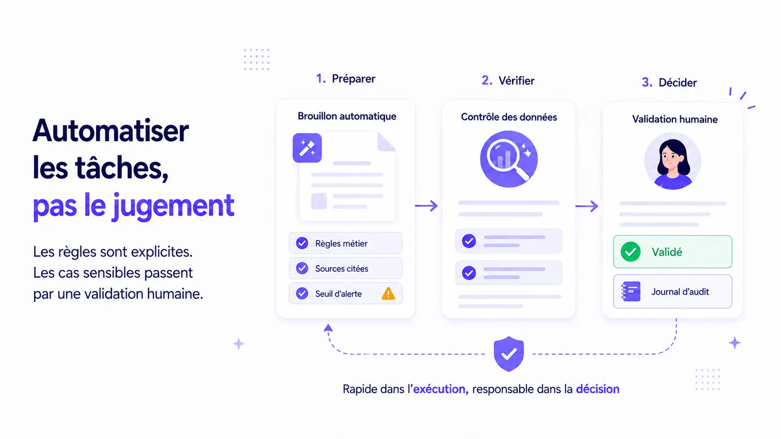 Illustration d'une agence marketing où l'automatisation prépare les données tandis que les experts valident les décisions importantes.