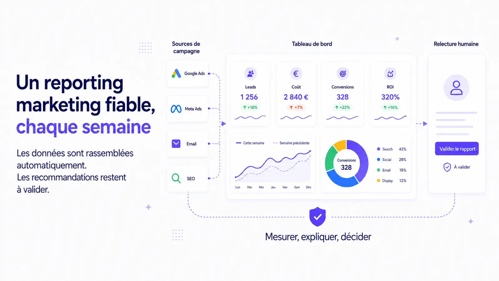 Illustration d'un reporting marketing qui rassemble plusieurs sources de campagne dans un tableau de bord clair avant validation humaine.