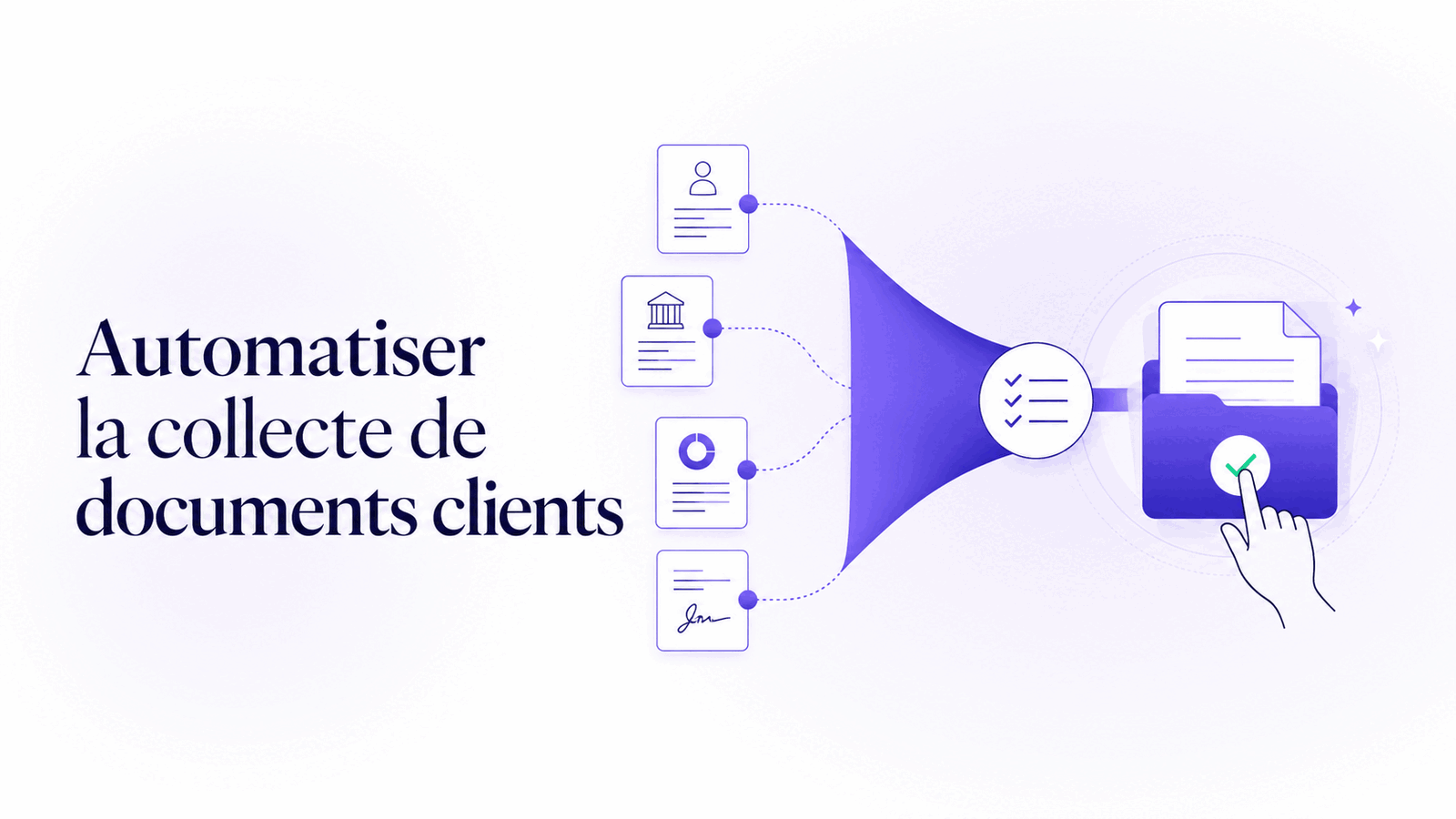 Illustration éditoriale d'une collecte automatisée qui transforme des demandes de pièces en dossier client complet.