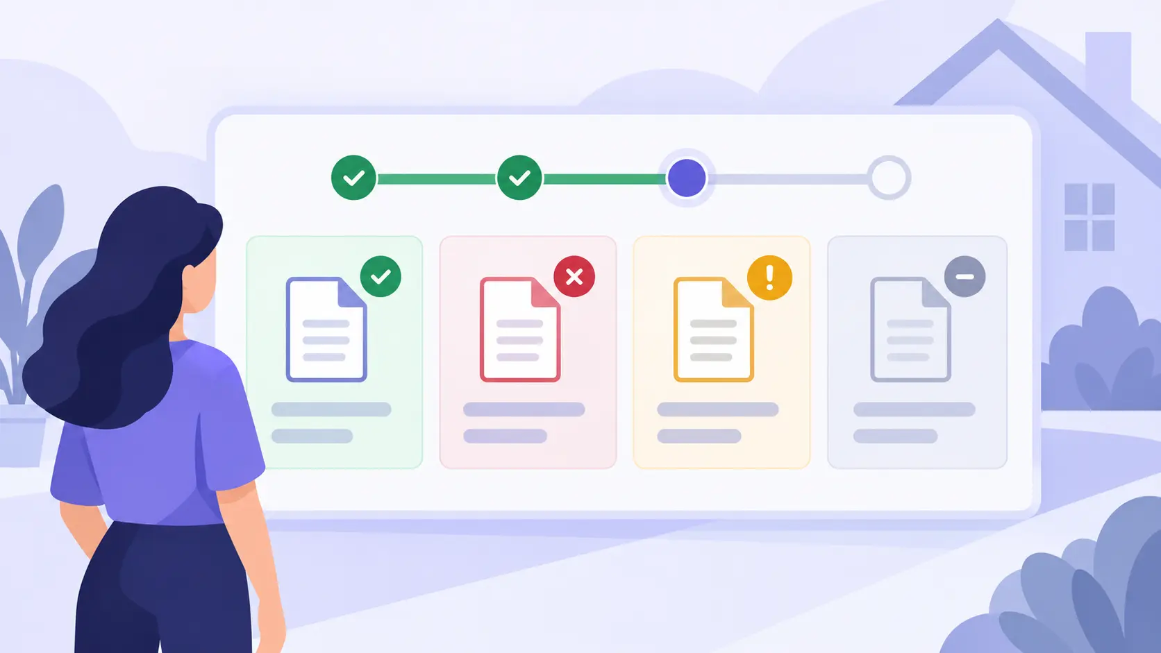 Une checklist évolutive montre les pièces reçues, à remplacer et non applicables sans exposer le contenu des documents