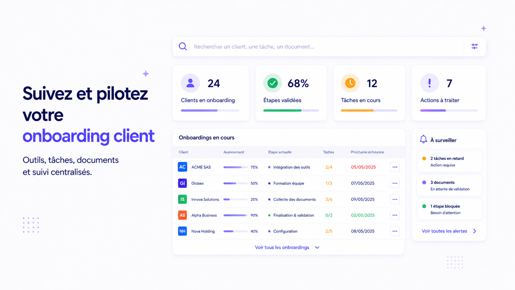 Dashboard d'onboarding client avec statut des documents, informations reçues, accès à créer, relances et validation humaine.