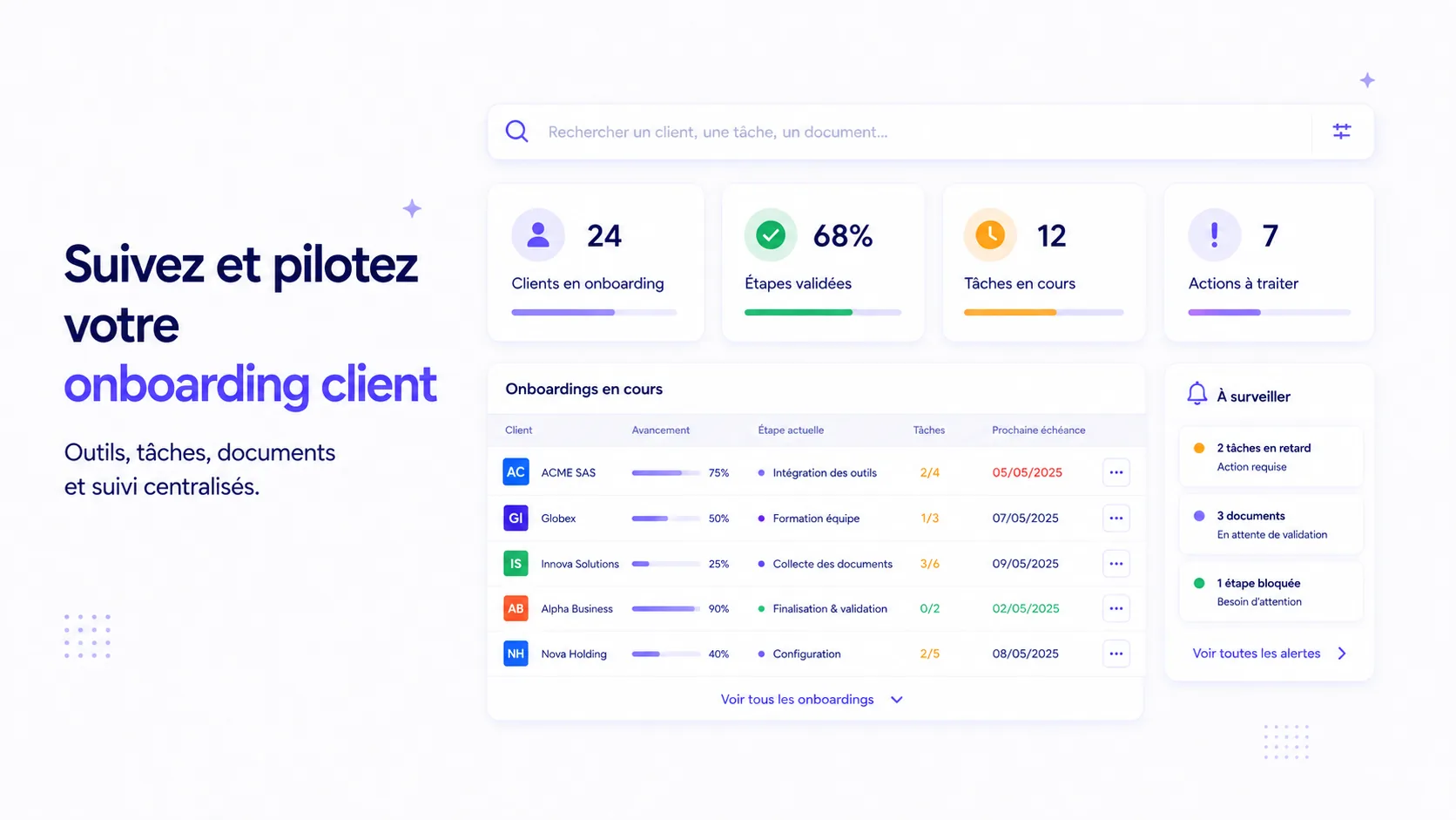Dashboard d'onboarding client avec statut des documents, informations reçues, accès à créer, relances et validation humaine.