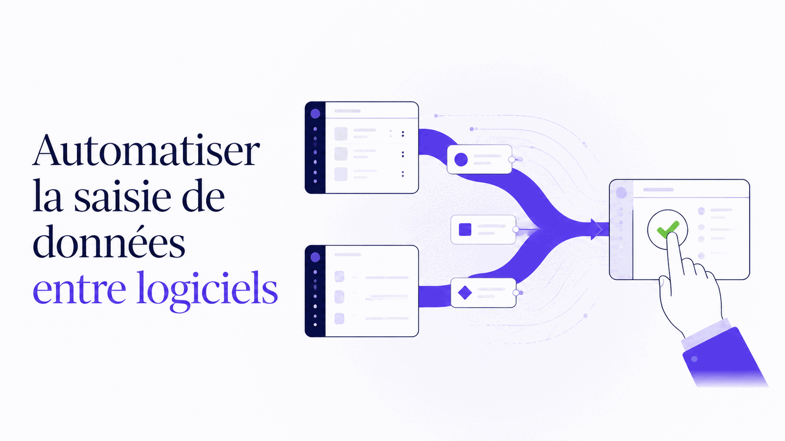 Illustration éditoriale d'un flux fiable qui automatise la saisie de données entre plusieurs logiciels.
