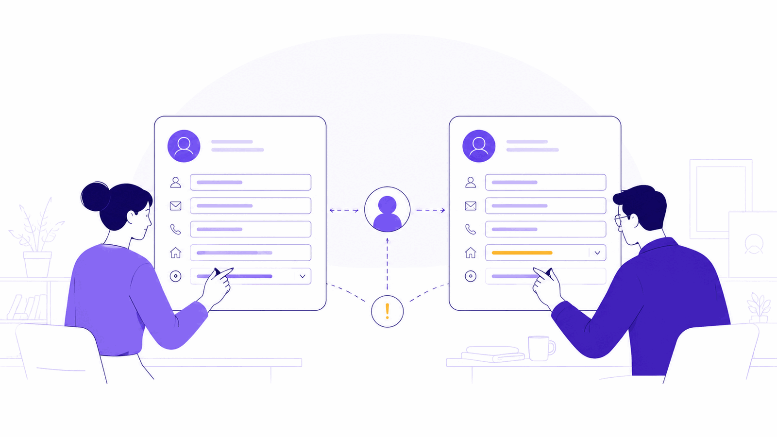 Deux collaborateurs ressaisissent la même fiche dans des logiciels différents, avec une divergence visible entre les données.