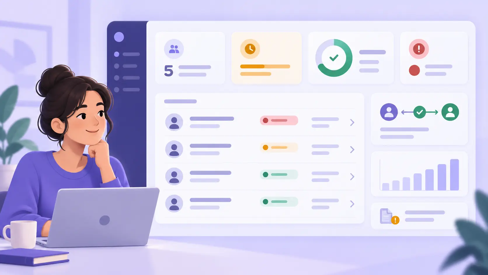 Tableau de bord d’un suivi client avec actions en attente et signaux prioritaires