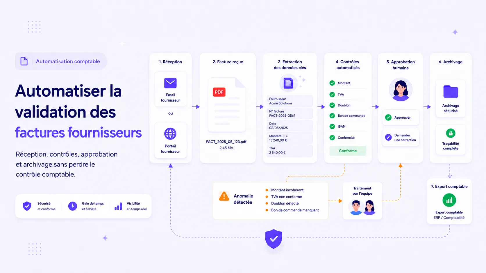 Workflow d’automatisation de la validation des factures fournisseurs avec réception, contrôle, approbation et archivage.