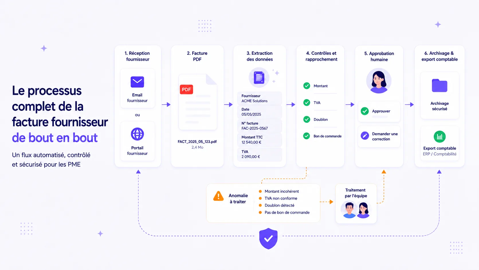 Parcours d’une facture fournisseur depuis sa réception jusqu’à la validation, l’archivage et la transmission comptable.