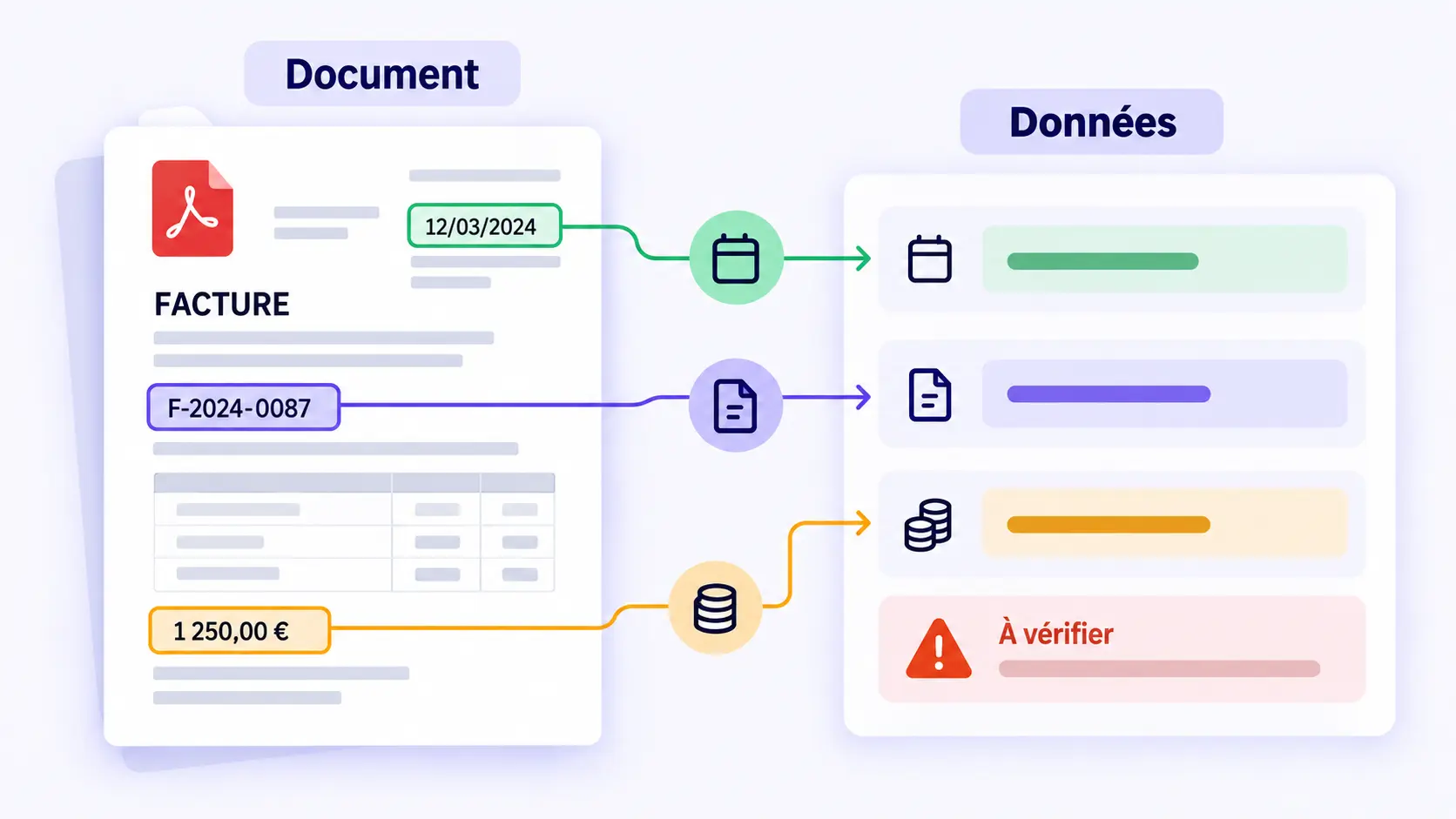 Correspondance entre zones du PDF et champs structurés, avec un champ incertain à vérifier