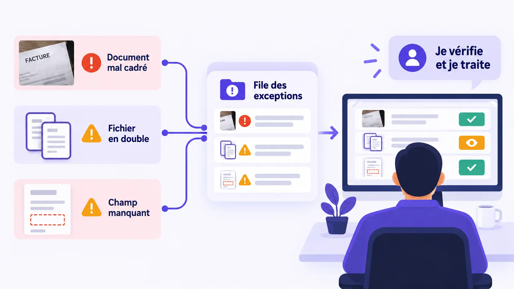 File d'exceptions pour les PDF illisibles, doublons et champs manquants