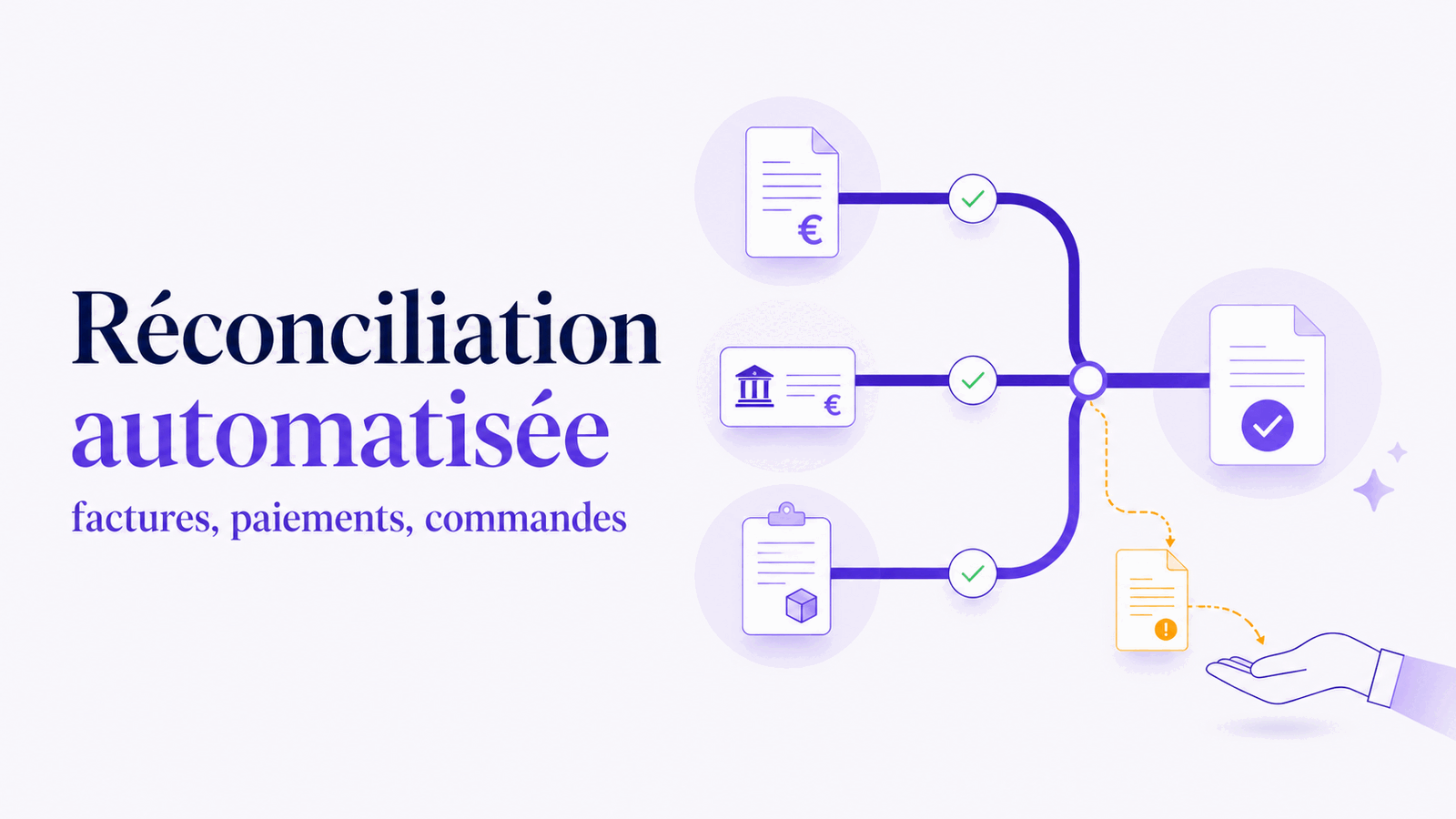 Illustration d'une réconciliation automatisée reliant facture, paiement et commande, avec traitement humain d'un écart.