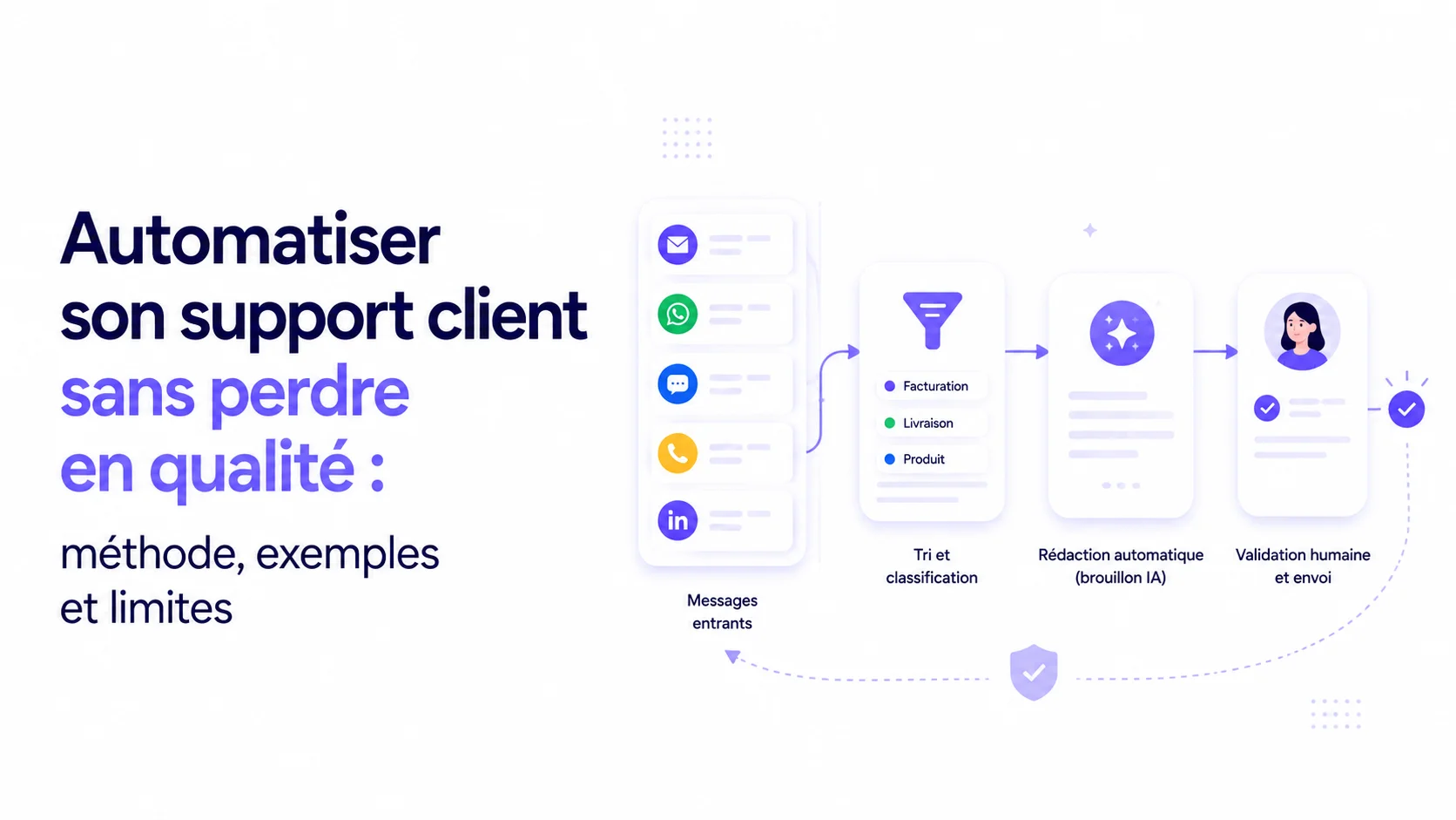 Illustration d'un support client automatisé avec tri des demandes, priorisation et validation humaine.
